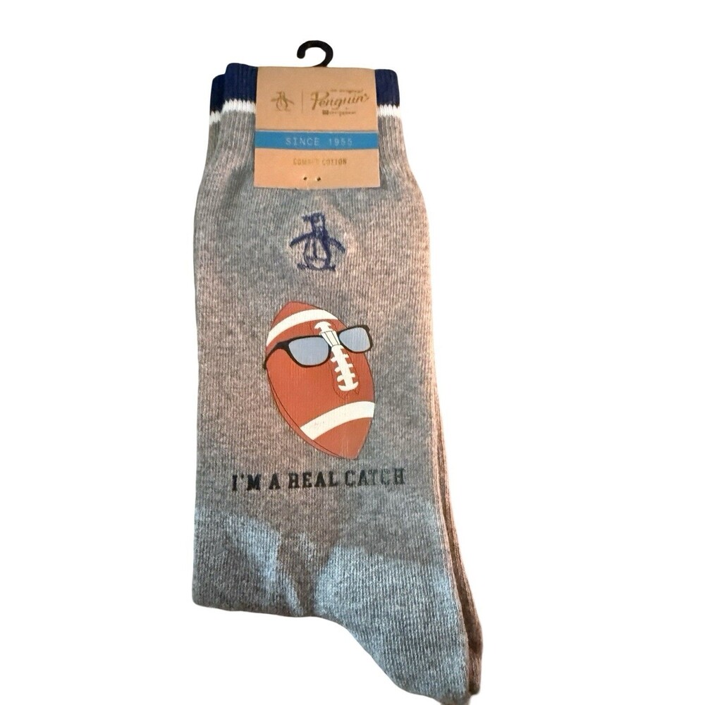 Original Penguin Mens Crew Socks Football Graphic Im A Real Catch Gray New